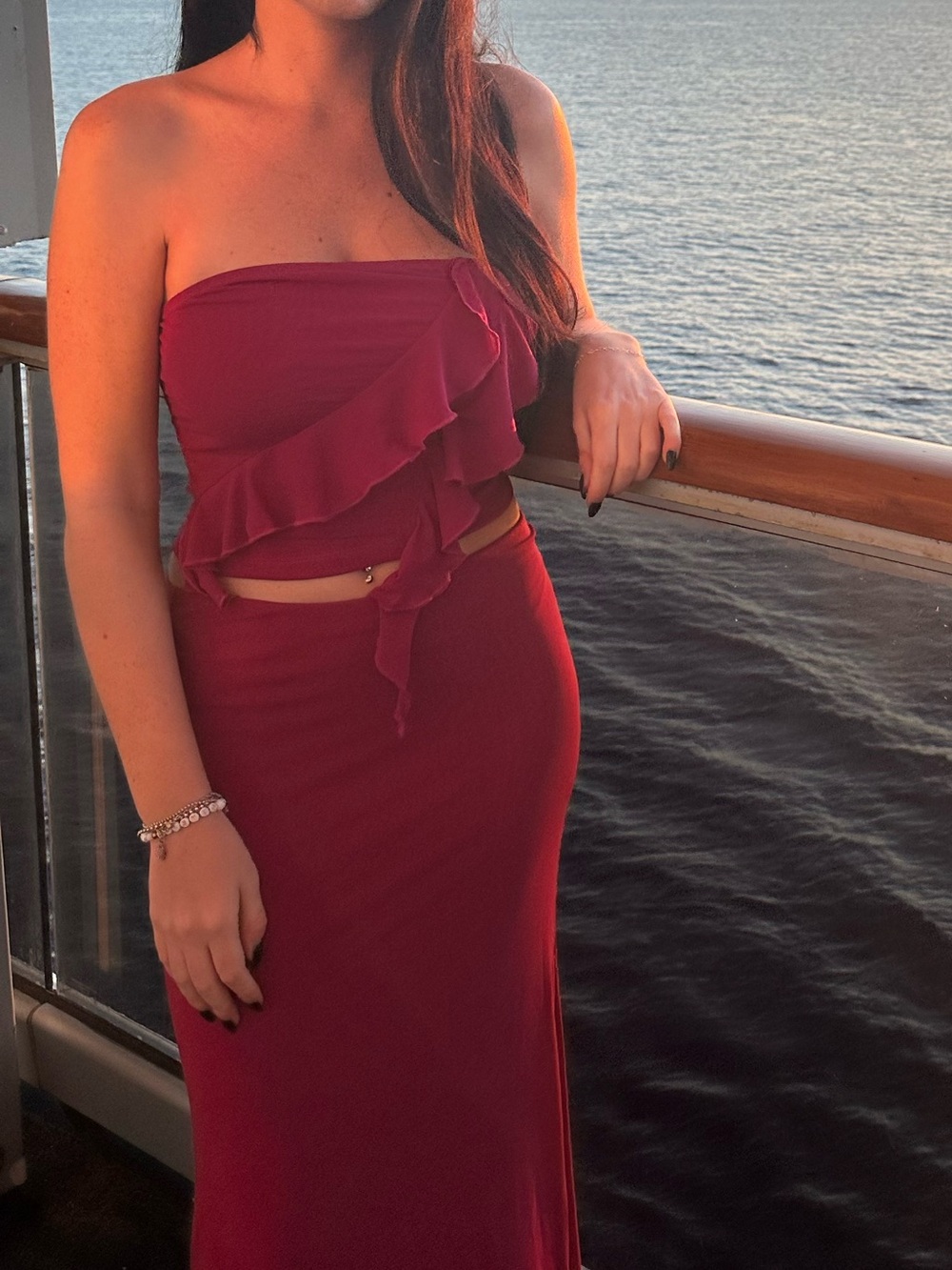 Magenta Strapless Ruffle Two-Piece Maxi Set